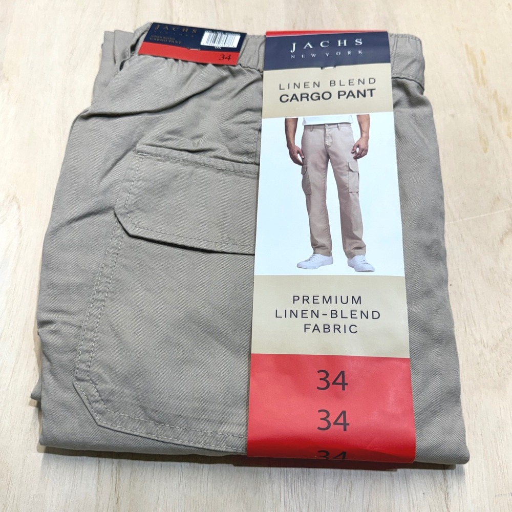 Jachs New York Mens Size 34 Linen Blend Cargo Pant Tan Flexible Waist NEW